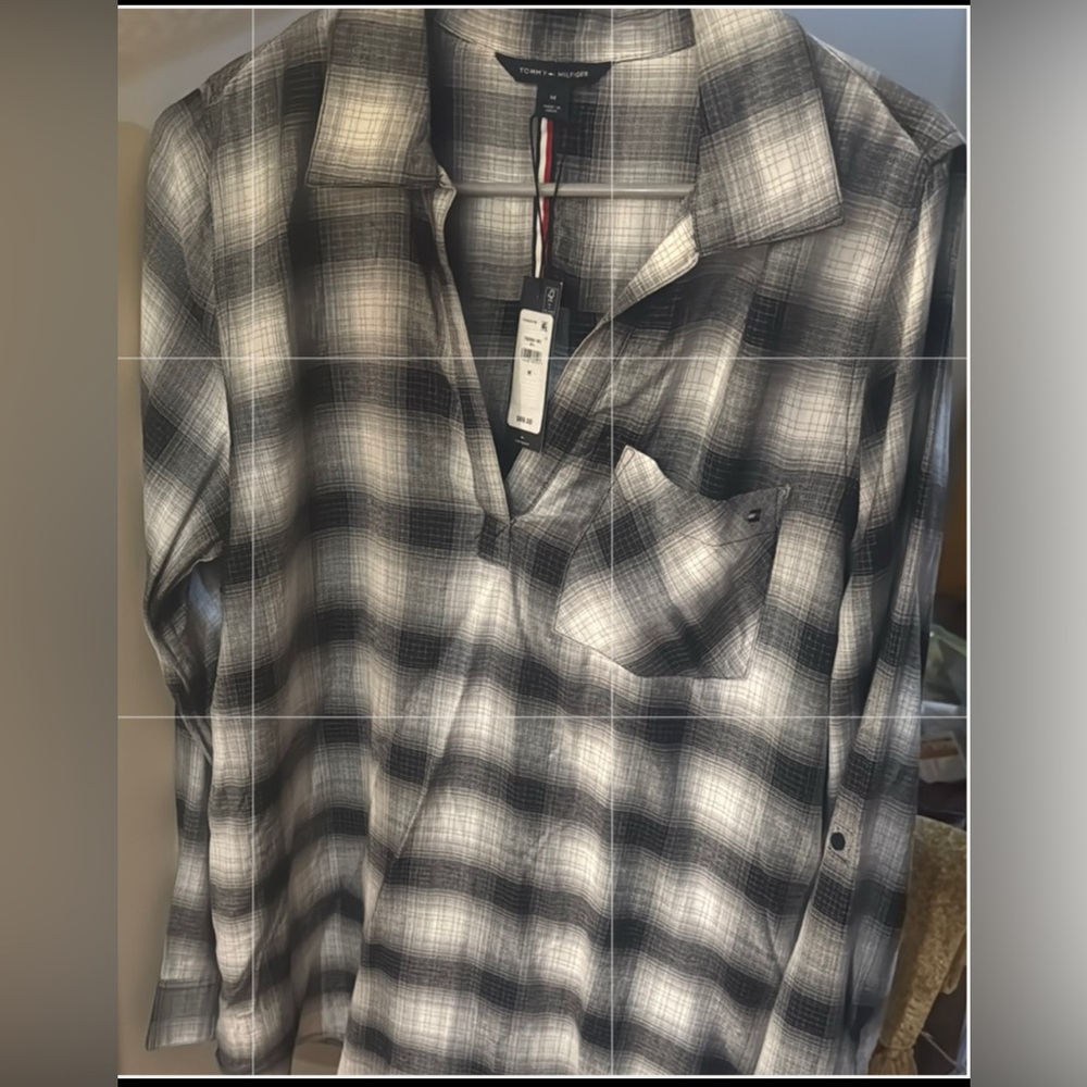 Tommy Hilfiger Black and White V-Neck Plaid Shirt